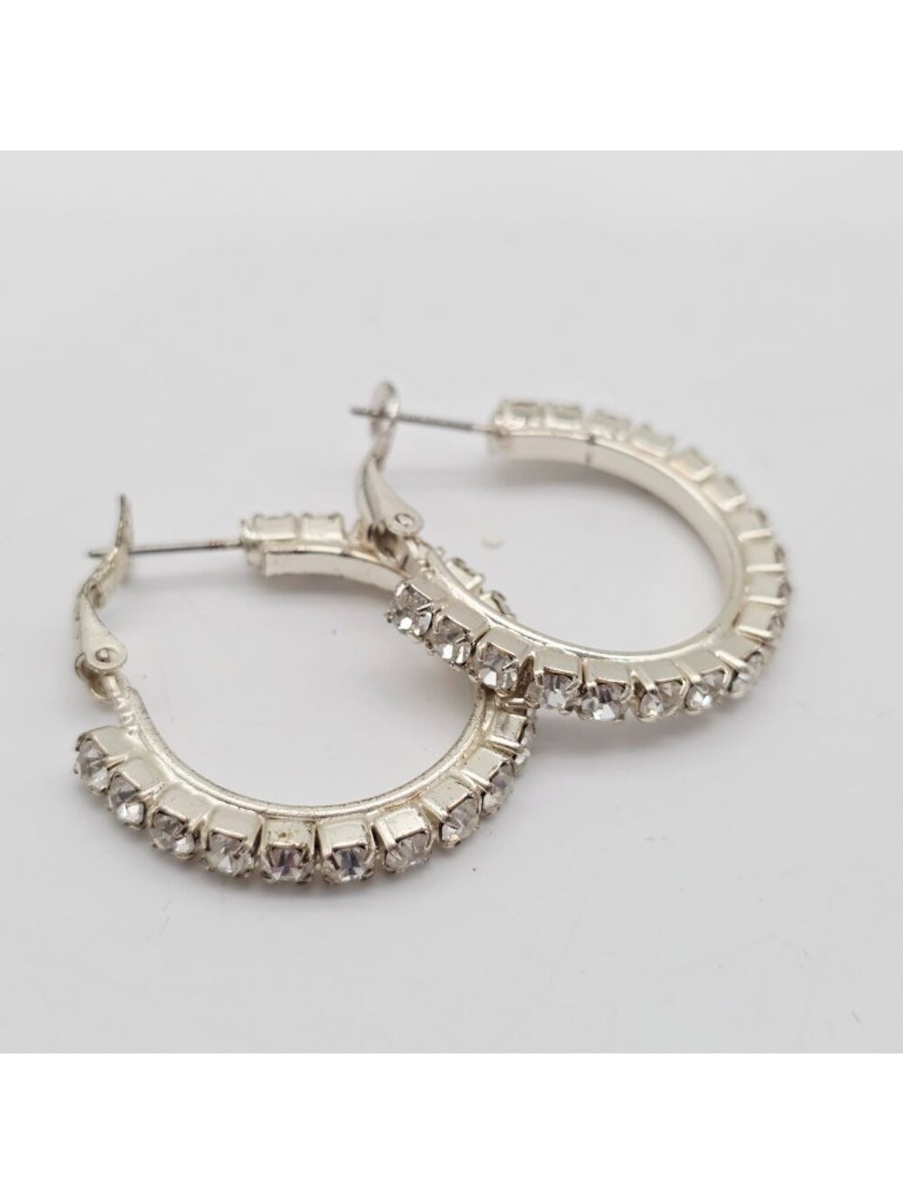 Silver-Tone Hoop Earrings With Clear Rhinestones Lightweight & Classic Design